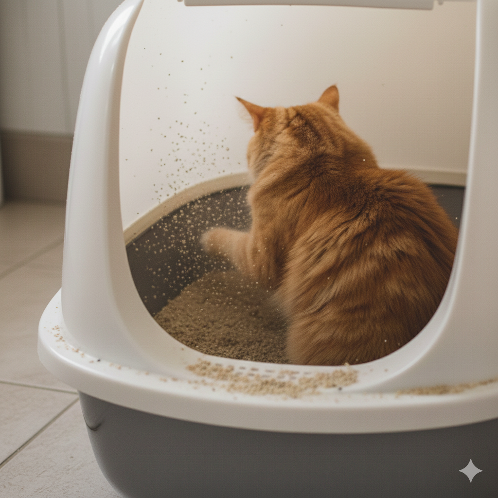 トイレ内でエア砂かけをしている猫