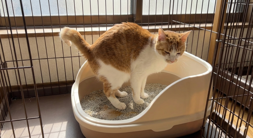 ハーフカバーでおしっこする猫（AI）